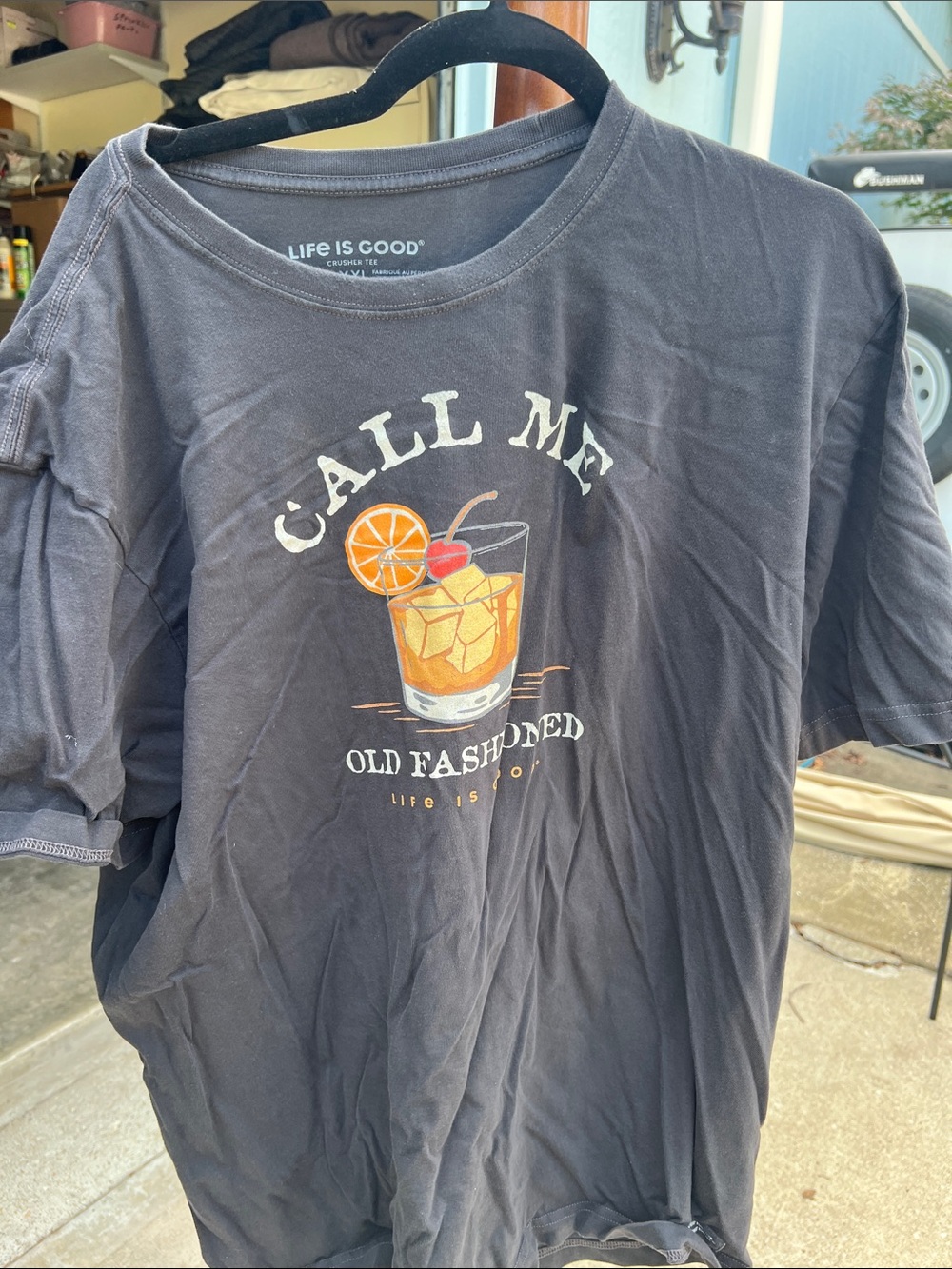 Life Is Good Black Short Sleeve Tee with Orange Cocktail Graphic